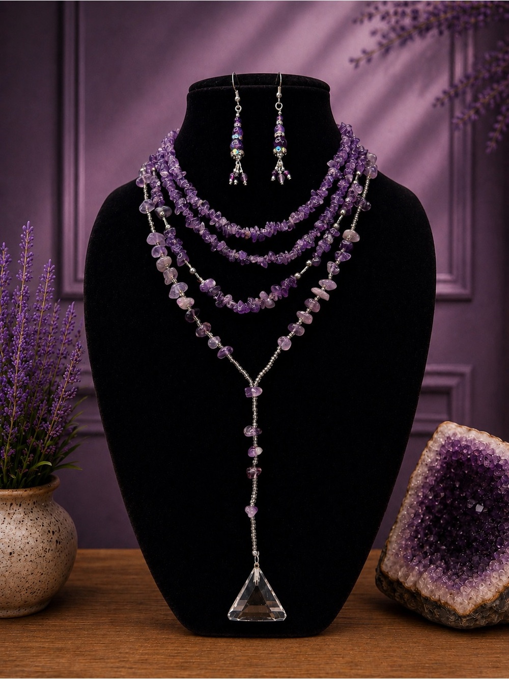 Purple Multi-Strand Amethyst Bead Necklaces with Drop Pendant (3) and Earrings